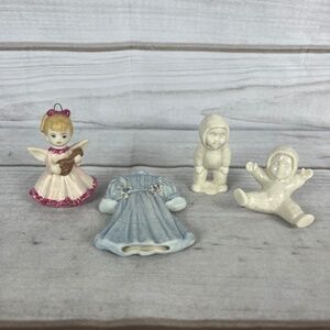 Lot 4 Snow Winter Baby Figurines & Holiday Ornaments Dress Girl Lute Christmas
